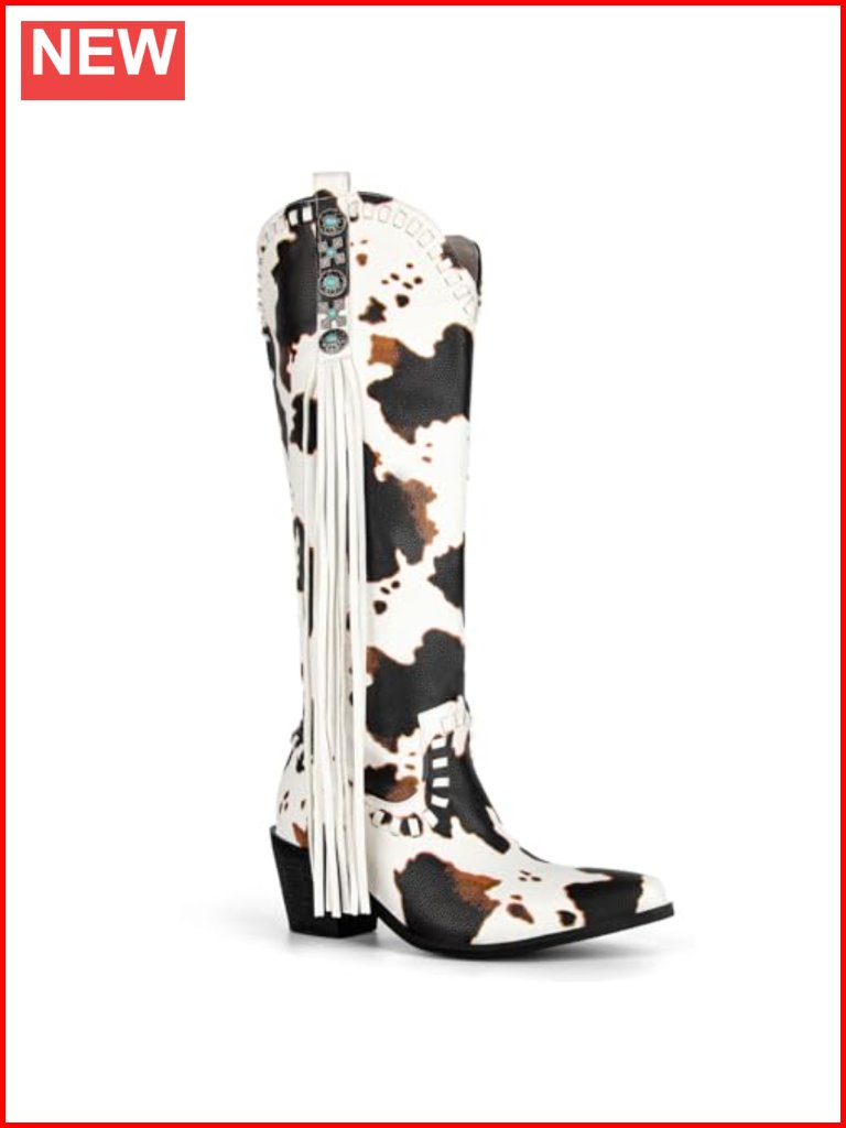 Knee High Fringe Suede Cowboy Boots With Turquoise Stones Side Zipper